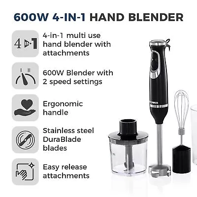 Tower T12077 4-in-1 Multi-Use Hand Blender With Chopper Whisk Bowl Beaker • £29.99