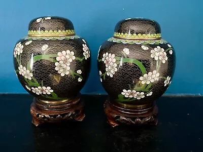 Pair Of Chinese CloisonnÉ  Lidded Pots/jars 11 Cm. Tall On Carved Wooden Bases • £5.50