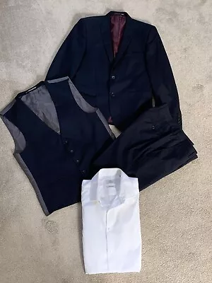 Next Navy Skinny Fit 3 Piece Suit - Jacket 38S Waistcoat 38R Trousers 32S • £20