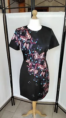 Reduced - Stylish   Warehouse  Black Dress Wth Butterfly Design -Size 14-New • £16