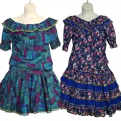 Vintage Square Dance Outfit Lot Medium Blue Floral Off Shoulder • $99.99