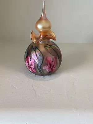 Signed Charles Lotton 8” 1990 Floral Art Glass Perfume Cologne Bottle • $545