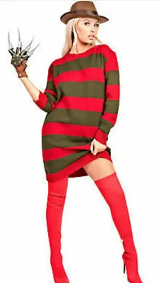 £14.99 • Buy Womens Halloween Red And Green Freddy Krueger Fancy Dress Stripe Knitted Jumper