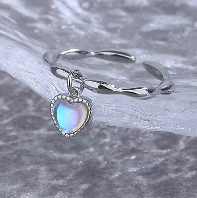 925 Sterling Silver Heart Moonstone Cute Adjustable Ring Womens Girls Gifts • £3.84