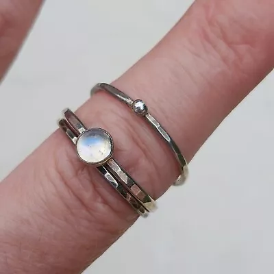 Moonstone Stacker 3 Ring Set Petite Hammered Artisan Sterling Silver Sz 8 • £27.35