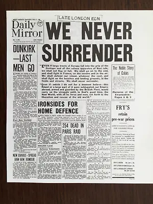 SMALL POSTER/NEWSPAPER PAGE(8.5”x 7”) 1940 DUNKIRK &  “WE SHALL NEVER SURRENDER” • $14.68