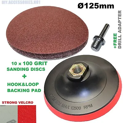 £8.95 • Buy 125mm Hook & Loop BACKING PAD + 10 Sanding Discs Grit 100 Grinder Drill Attach