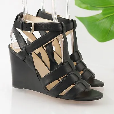 Nine West Women's Farfalla Sandal Size 8 Wedge Heel Ankle T-Strap Black Leather • £33.46