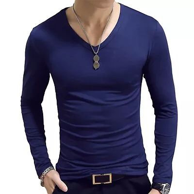 New Mens Long Sleeve V-Neck T-shirt Stretch Casual Solid Slim Fit Tops Dark Blue • $4.99