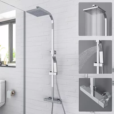 Bathroom Chrome Thermostatic Shower Mixer Kit Twin Head Exposed Square Bar Set • £78.97