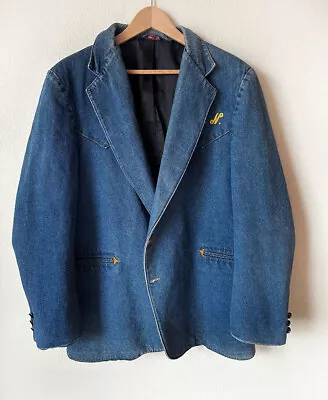 48L Vintage Blue Jean Denim Blazer Jacket Western 1980's 5G's Large Coat • $38