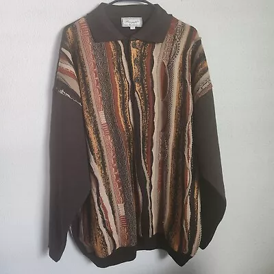 Vintage 90s Bergati Brown Coogi Style Knit Multicolor Sweater Mens Size 2XL • $89.99