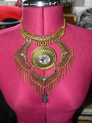 Vintage Jeweled Etruscan Necklace Victorian Revival Tassel Glass Stone • $29.95