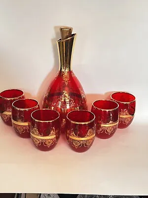 Murano Gold Trimmed Ruby Red Glass Decanter Set With 6 Wine Glasse Tumblers • $65