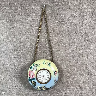 Antique E.N. Welch Clock Hand Painted Floral Glass Metal Chain • $189.95