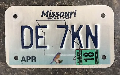 2018 Missouri  Bluebird  Motorcycle License Plate DE 7KN • $24.99