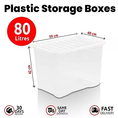 80 Litre Clear Plastic Storage Boxes With Lids Stackable Versatile Large Box • £14.49