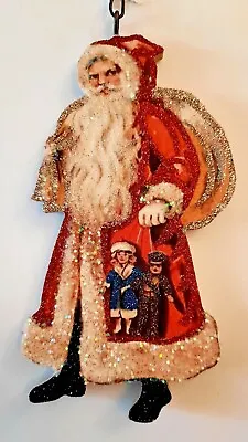 VICTORIAN SANTA In RED COAT W BAG & DOLLS * Glitter CHRISTMAS ORNAMENT * Vtg Img • $10.50