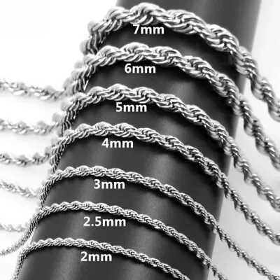 Silver Rope Chain Necklace Stainless Steel Men Women 2/2.5/3/4/5/6/7mm • $1.99
