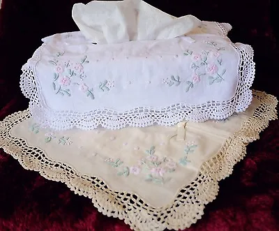 Vintage Handmade Crochet Lace Flower Emb 100%Cotton Tissue Box Cover White/Ivory • $14.92