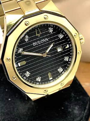 Bulova Men's Watch 98D182 Quartz Diamond Black Dial Gold Stainless Steel 44mm • $157.50