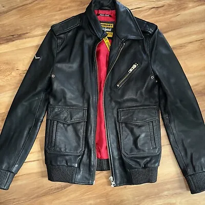 Teen Boys Mens Superdry Leather Black Bomber Biker Jacket Size Small New No Tag • £69.99