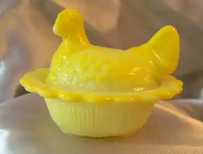 Bright Yellow Milk Glass Mini Hen On Nest Chick Salt Dish Or Ring Holder Mosser • $15