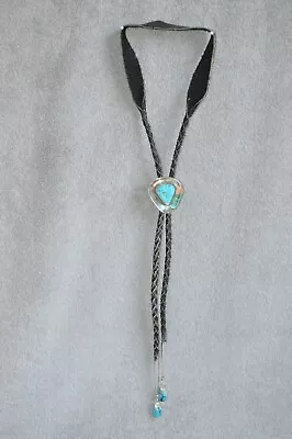 Unworn Navajo Sterling Silver Turquoise & Leather Western Cowboy Bolo String Tie • $399.99