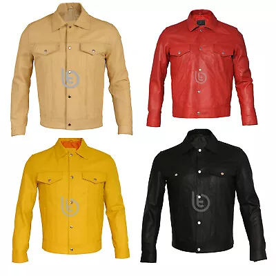 New Mens Real Black Yellow Beige Real Leather Vintage Trucker Shirt Biker Jacket • $98.99