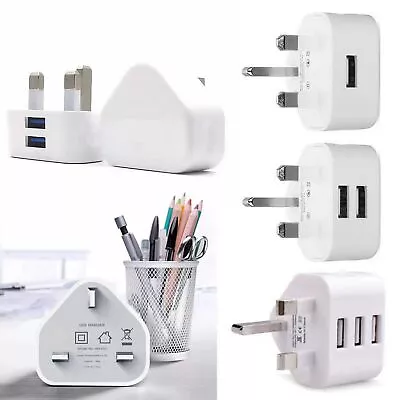 UK 3 Pin Dual USB Plug Adapter Mains Wall Charger 1 2 Port For Phones Tablets • £3.59