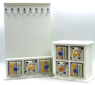 Jewelry White Wood Necklace Holder Apothecary Ceramic Drawers Mini Chest 2pc SET • $38.75