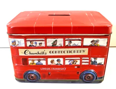 Churchills Confectionary Tin Money Box Red London Bus • £6.99
