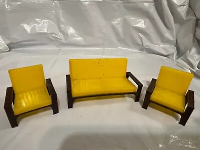 Vintage Yellow/Brown Couch & 2 Chairs Plastic Dollhouse Miniature Furniture • $6.49