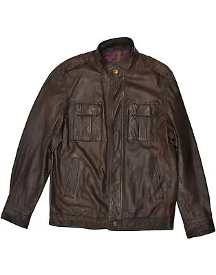 MASSIMO DUTTI Mens Bomber Leather Jacket UK 42 XL Brown Leather ZK29 • $52.56