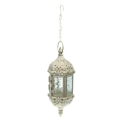 Iron Chain Hanging Glass Candlestick Retro Candle Holder Lantern Lamp-White • £17.81