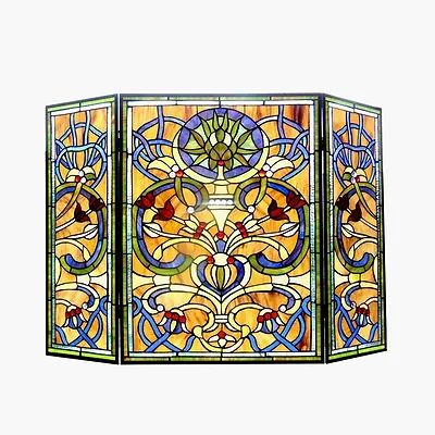 Stained Glass Tiffany Style Fireplace Screen Three Piece 28 X40   ONE THIS PRICE • $305.50