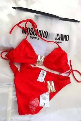 Moschino Red Bikini Women's Authentic Gold Logo Plaque Top 32 Bottom Size 4 USA • $46.06