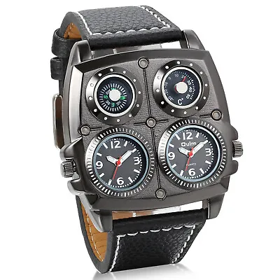 Men's Watch Dual Time Zone Large Dial Leather Strap Watch Analog Quartz Watch • $16.99