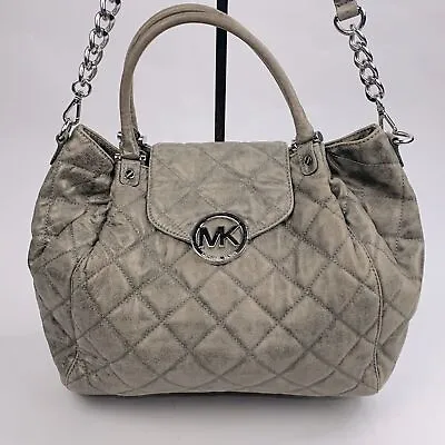 Michael Kors Fulton Distressed Quilted Satchel Hobo Bag Silver Chain Rare MK • $112.59