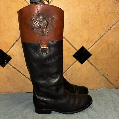 Frye Black Brown Tooled Leather Riding Boots Sz 8.5 B FREE SHIPPING • $62.50