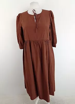 M&S Brown Half Sleeve Tie Neck  Pocket Long Dress New F2 • £9.99
