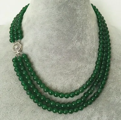 3Rows 6mm Natural Green Jade Round Gemstone Beads Necklace 17-19'' • $7.88