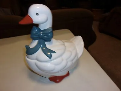 VINTAGE Mother Goose Duck Ceramic Cookie Jar - White Blue Ribbon W/Orange Feet • $6.99