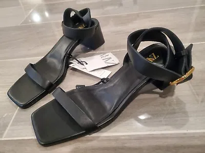 ZARA Black Leather Square Toe Sandals 2  Block Heeled Large Gold Buckled Sz 6.5 • $26.99