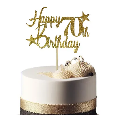 Happy 70th Birthday Gold Glittered Cake Topper - Party Supplies • $7.99