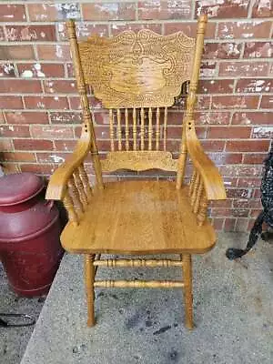 Vintage Solid Oak Captains Dining ArmChair Carved Spindles Carved Back Rest • $129.99