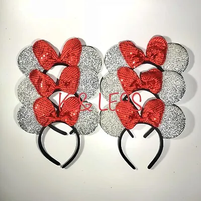 24 Pc Minnie Mickey Mouse Ears Headbands Shiny Sparkle Silver Red Bow Birthday P • $23.99