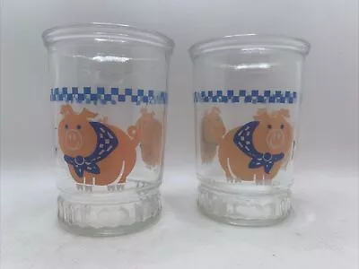 VTG BAMA Jelly Jars Barnyard Country 3 Pigs 10oz Juice Glasses Bandana 2 Glasses • $4.95