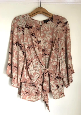 £12 • Buy Topshop - Oriental Print - Tie Front Blouse - Kimono Sleeves- Size Uk 16