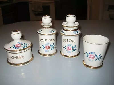 Vtg Bathroom Set Lot Ceramic Rose Floral Glass Mouthwash  Powder Cotton Jars • $44.99